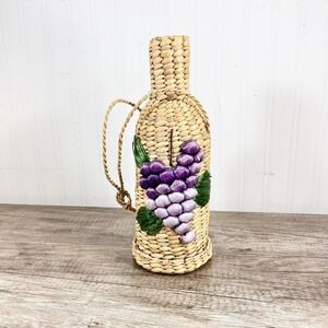 1970s Wine Bottle Holder, Hand-Woven Sea Grass Grapes & Leaves | Boho Bar Decor